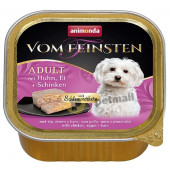 Деликатесен кучешки пастет VOM FEINSTEN 2 в 1 - фин пастет от пилешко месо + пълнеж  от вкусни яйца и шунка, за кучета над 1 година